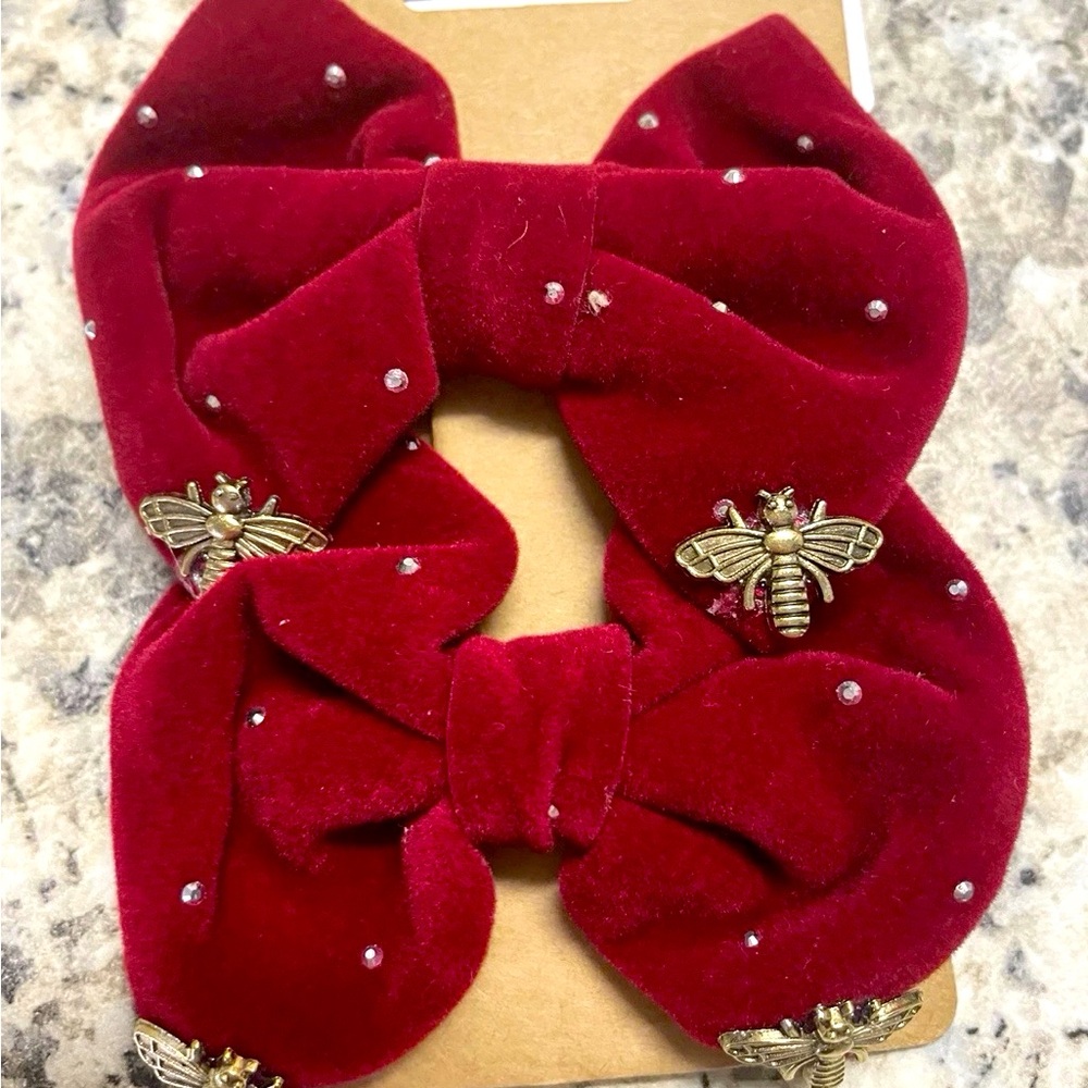 Red Velvet Bow Hair Clips with Bee Accents